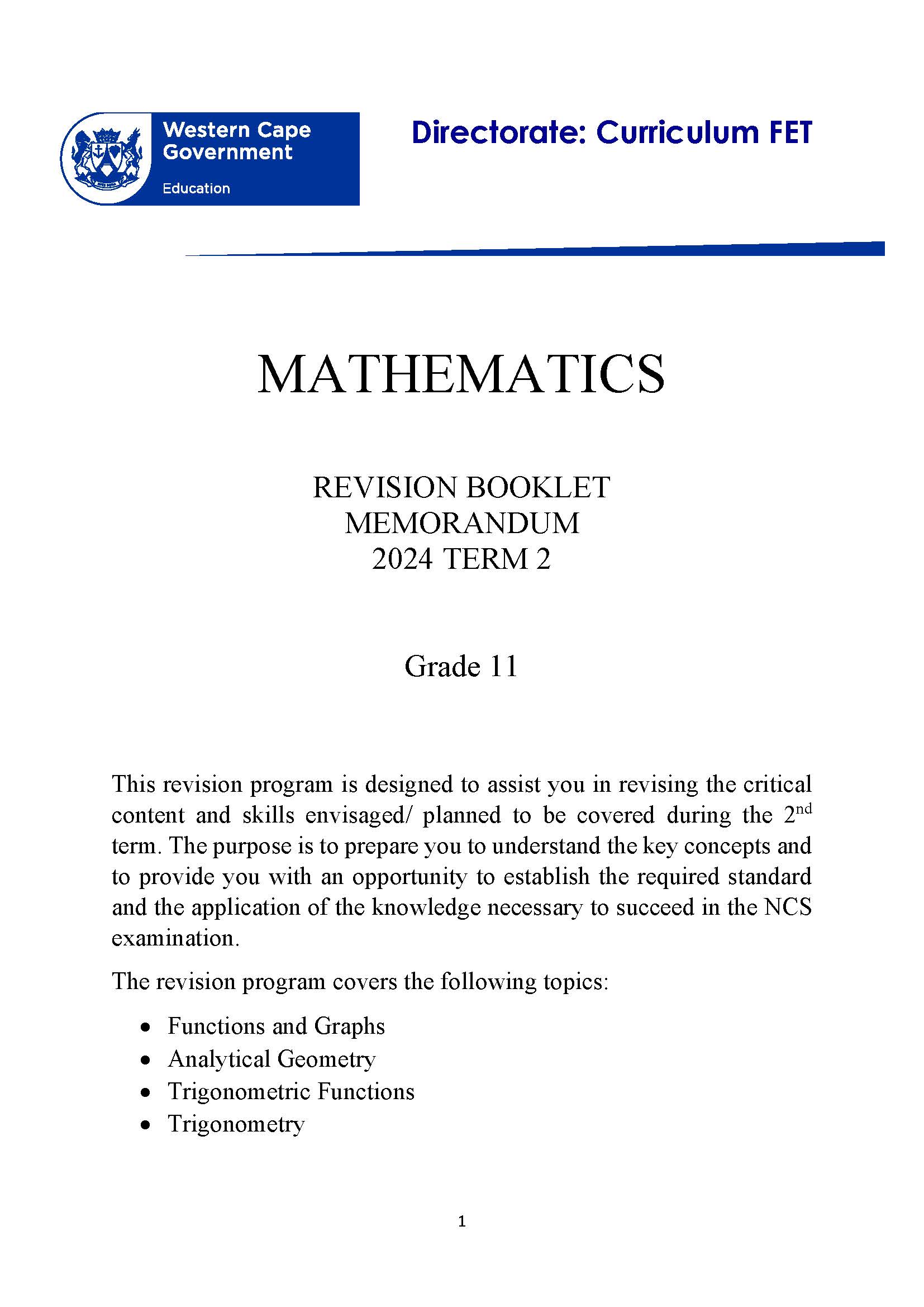 Mathematics Grade Revision Memo Term Wced Eportal